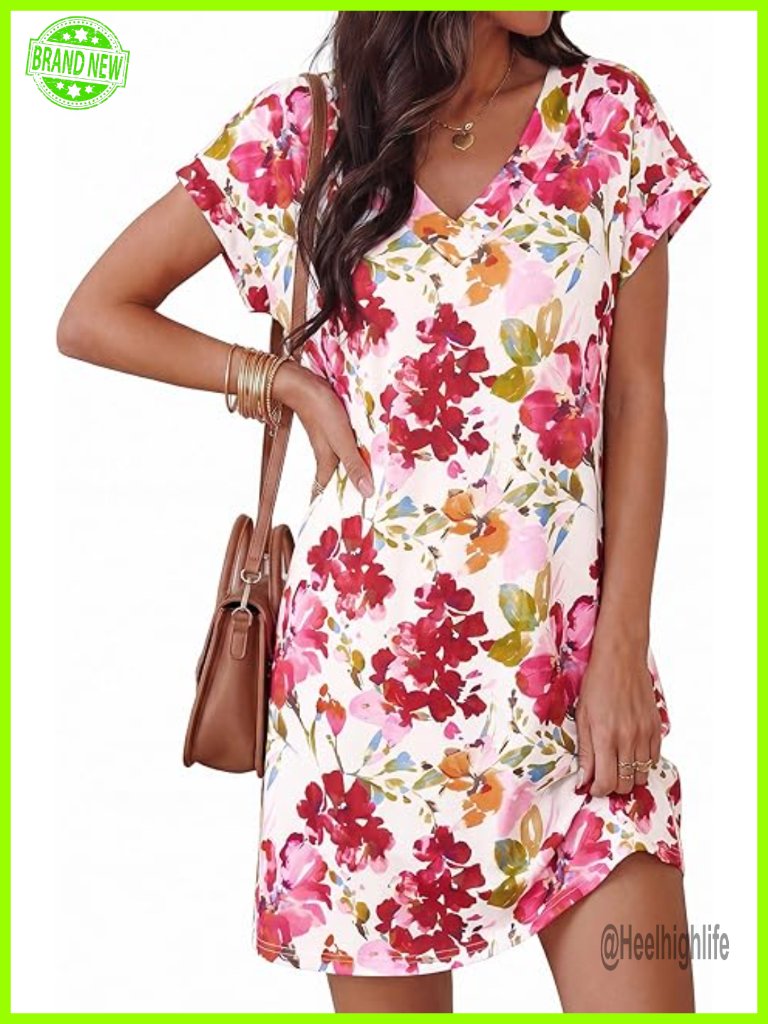 Summer Dress V Neck Boho Floral Short Sleeve With Pockets Lightweight
